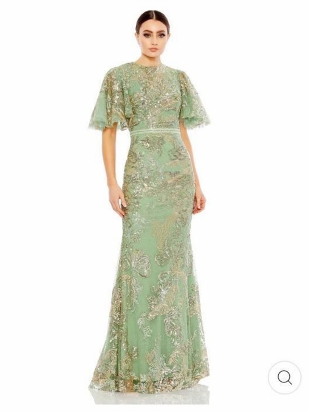 Mac Duggal Sage Green Embellished Flutter Sleeve Maxi Gown